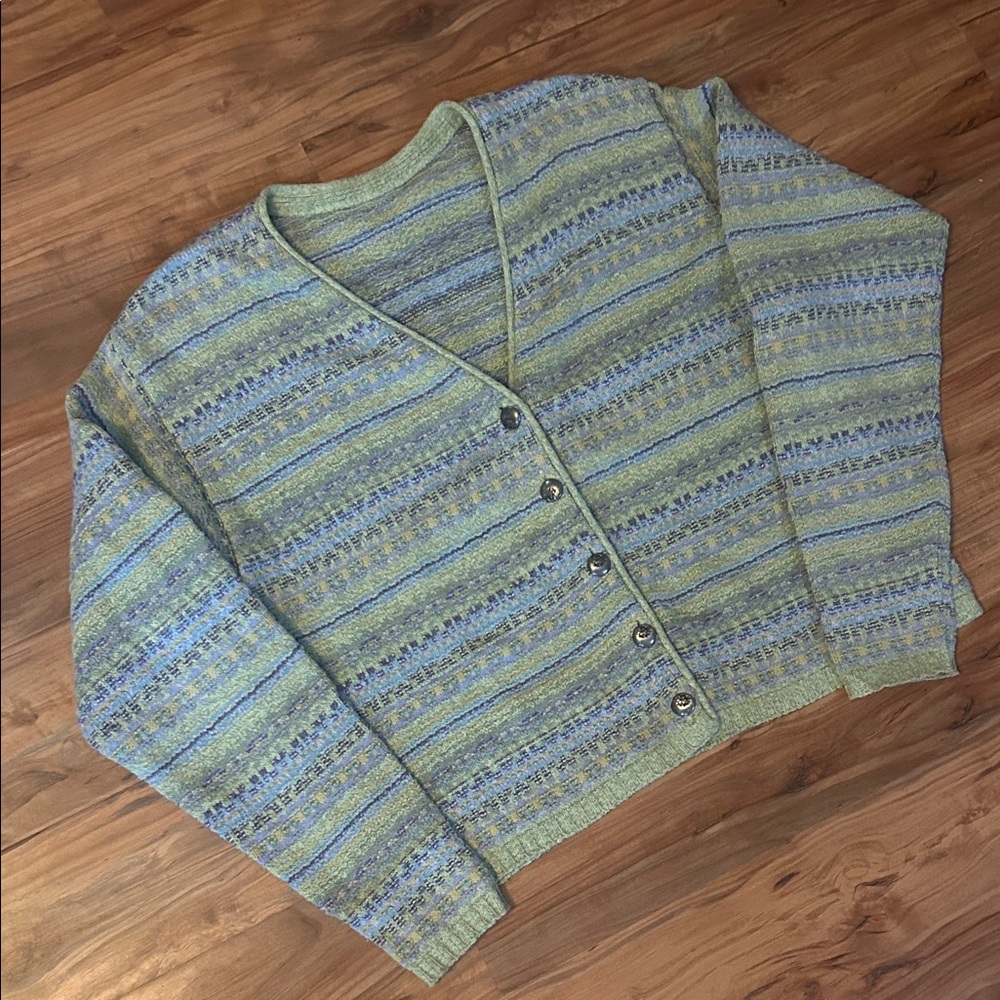 Vintage 90s Sage Textured Knit Cardigan Blue Stripe Art Teacher Granniecore